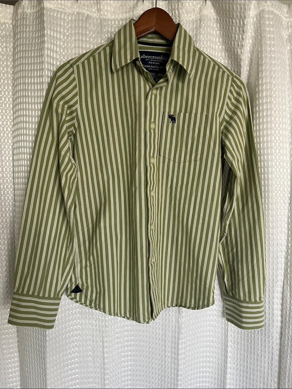 Abercrombie Women's Green White Stripe Button Shirt Cotton Medium Fitted